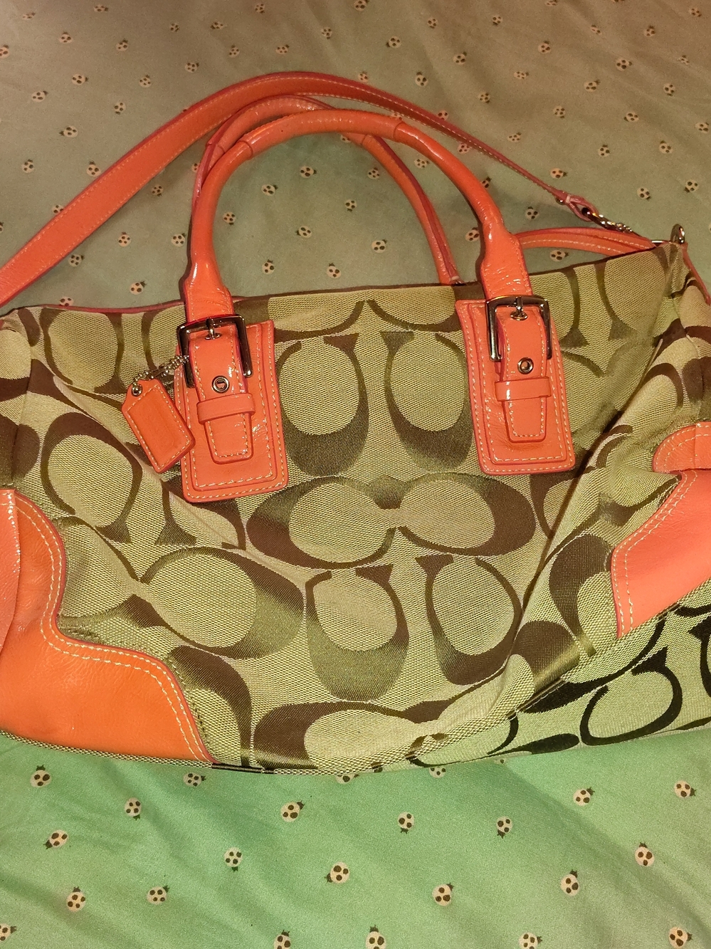 Coach Canvas Tote with Coral Trim and Signature C Pattern